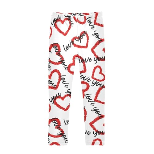 Red Hearts with Love You Girls Leggings,Workout Leggings for Girls Toddler Athletic Leggings Size for 3-10T