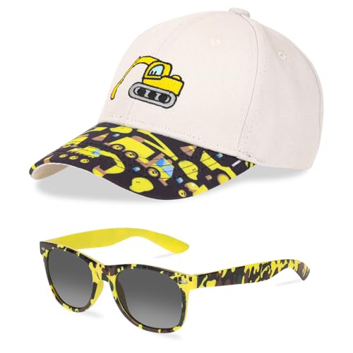 Baseball Cap Kinder Sonnenbrillen, Kinder Kappe mit Besticktem Bagger Cartoon Snapback Cap Sommer Schirmmütze UV Schutz Verstellbar Basecap für Junge 2-8 Jahre, Ideal für Freizeit und Outdoor-Sport