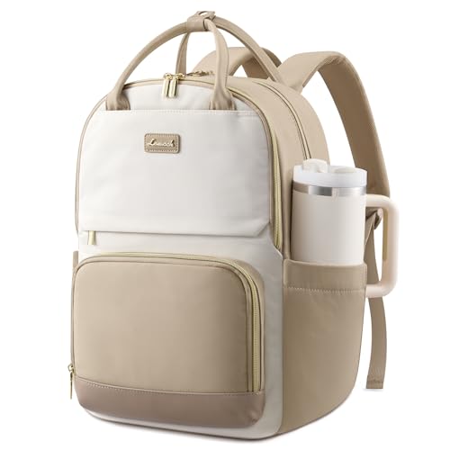 LOVEVOOK Rucksack Damen, 15.6 Zoll Laptop Schulrucksack Teenager mit Großem Flaschenfach, Uni Schultasche Travel Backpack Women Elegant, Arbeitstasche Tagesrucksäcke für Reise Schule, Khaki Beige