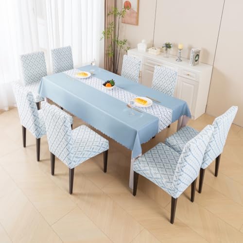 Image of HOMETHREADS Stretchable Elastic Jacquard Chair Seat Cover and Waterproof Dining Table Cover | Removable,Washable & Durable Chair Protector |for Dining Room (F Blue, 8Chairs+1Table Cover (150X250))