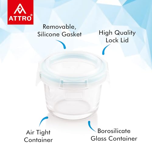 Image of ATTRO Glassox borosilicate Mini Round Glass food container with lock lid Small Food Container Air-Tight Leak-proof Bpa-Free Food Grade- 130ml Set of 2