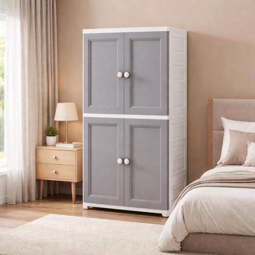 Image of LERIMO Multipurpose Stackable Plastic Cupboard Drawer for Clothes Storage, Almirah for Clothes, Foldable Wardrobe Cabinet Organizer for Office, Kitchen, Bathroom (European GREY-SJ6529, 4 - Layer)