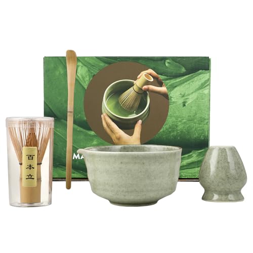 Matcha Kit - Té Matcha Kit de 4 Piezas, Batidor Té Matcha, Cuenco Té Matcha, Soporte Chasen y Cuchara Matcha - Kit Matcha para la Ceremonia del Té - Ideal para el Hogar, la Oficina y Como Regalo