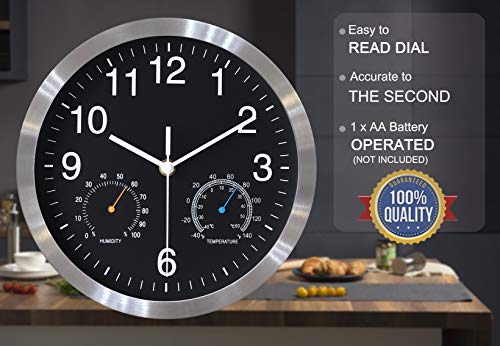 Fzy.bstim Non Ticking Silent Wall Clocks Battery Operated,10 Inch Quality Quartz Analog Wall Clock With Thermometer And Hygrometer,Decorative For Kitchen,Living Room,Bathroom,Office,Garage(Black) #TOP1