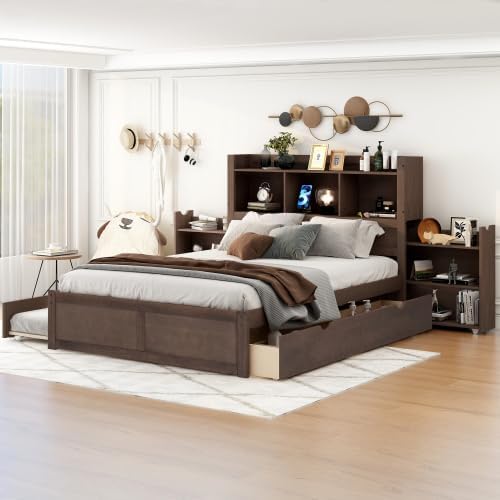 Bellemave Full Size Platform Bed with Twin Size Trundle and 2 Storage Drawers, Full Wooden Bed Frame with Pull Out Shelves, Espresso
