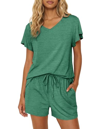 Ekouaer Pajamas Set Women Casual Ruffle Sleeves Soft Comfy Loungewear Set with Pockets,Small,Bright Green