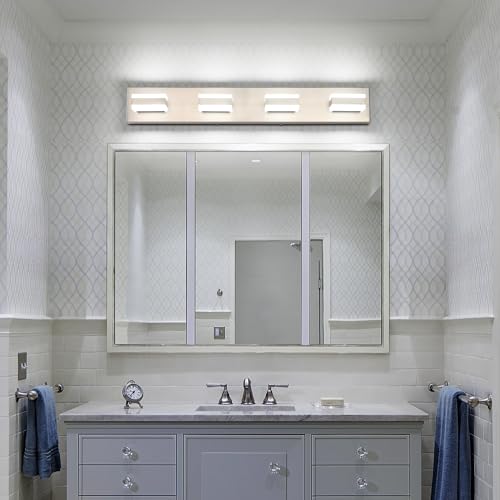 Image of SOLFART Bathroom Vanity Lights Brushed Nickel Light Fixtures for Bathroom Above Mirror 4 Light Led Lights Bath Lighting Fixture Nickel ETL Listed