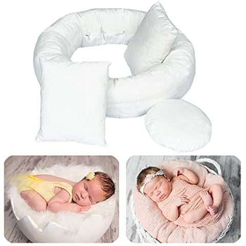 4PC Newborn Photography Props Baby Posing Aid Pillow Beans Bag 1pc Donut +3 pcs Posing Pillow Photograph Shoot Set for 0-4 Months Baby White Cover