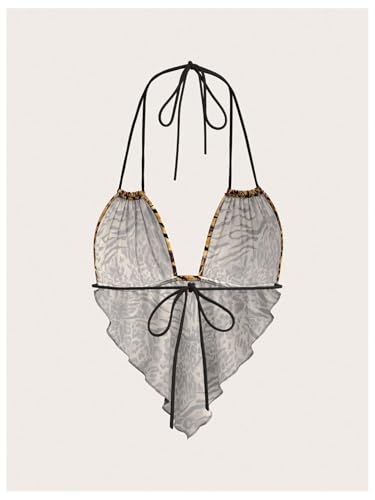 Verdusa Women's Y2k Leopard Print Rave Outfits Deep V Halter Crop Tops Ruffle Going Out Top Clubwear2