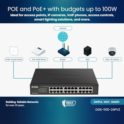 Image of D-Link 24-Port Gigabit Smart Managed PoE+ Switch | 12 PoE+ Ports (100W) |L2|VLANs|Cable Diagnostics | Web Managed | Desktop or Rackmount | Fanless | NDAA Compliant | Lifetime Warranty (DGS-1100-24PV2)