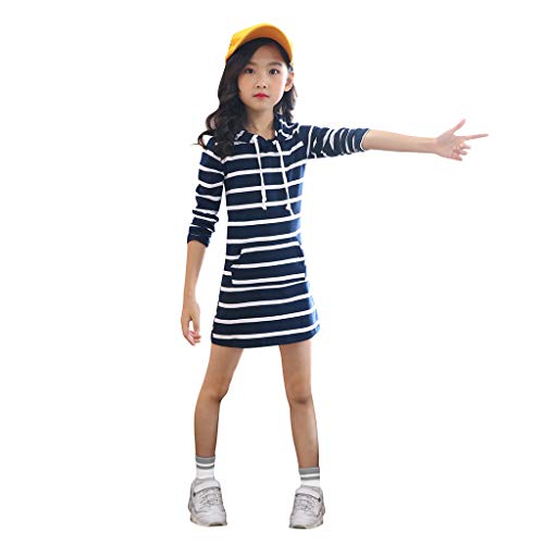 Teen Kids Girls Long Sleeve Stripe Slim Pencil Skirt Hooded Princess Dress White Dress for Girls (Navy, 7-9 Years)