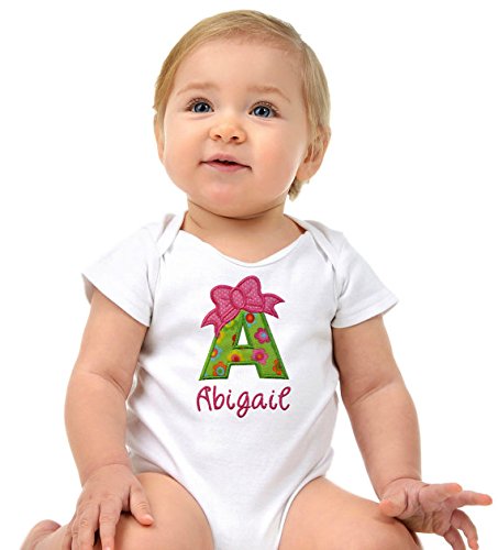 Baby Girl Personalized Initial Bodysuit Embroidered With Your Custom Name (3-6 Months - Short Sleeve, Navy & Pink Dot) #TOP4