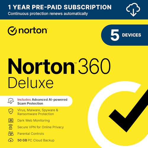 Norton 360 Deluxe 2026, Antivirus software for 5 Devices and 1-year subscription with automatic renewal, Includes Secure VPN and Password Manager, PC/Mac/iOS/Android, Activation Code by email