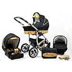 Kinderwagen 3 in 1 mit Autositz Isofix Babyschale Buggy Larmax by ChillyKids Pannenfreie Gelereifen Gold Star 4in1 Autositz +Isofix