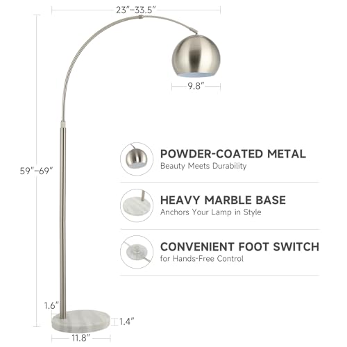 Image of CO-Z Modern Floor Lamp for Living Room, Brushed Nickel Arc Floor Lamp with LED Bulb, Marble Base Contemporary Tall Lamp for Living Room Couch Sofa, Height Up to 69 Inch