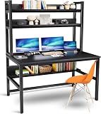 Aquzee Schreibtisch mit Aufsatz, 140 cm Tisch mit Regal, Computertisch Holz Viel Stauraum, 3 Ablage Gaming Tisch, Große Homeoffice Schreibtische & Arbeitsplätze, Platzsparend Bürotisch Schwarz