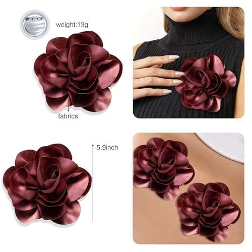 Image of 2Pack 6inch Extra Large Satin Brooches Lapel Pins Dainty Elegant Fabric Camellia Rose Flower Brooch Pin for Women Wedding Part Dance Clothes Accessories Jewelry