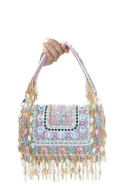 IBRA HANDICRAFTS Three Fold Crystal Bag for Women Girls Handmade Embroided Sling Clutch with Handle Purses for Ladies Elegant Design (B0D7SNB31S) Amazon Price History, Amazon Price Tracker
