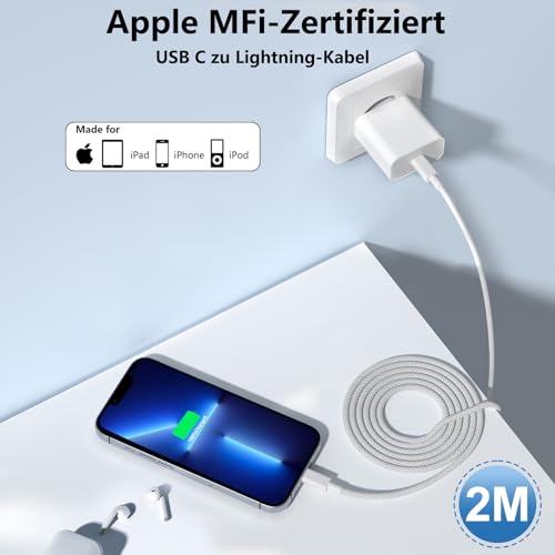 iPhone Ladekabel,25W Original MFi Zertifiziert iPhone Ladegerät Lightning Kabel für iPhone 14 13 12 11 Pro Max Plus Mini Xs Xr X 8 7 iPad,USB C Adapter Charger Schnellladegerät mit 2M Schnellladekabel