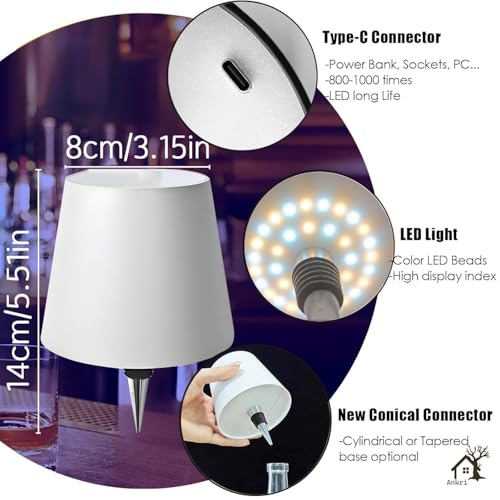 Image of ANKRI Wireless Bottle Lamp LED 3 Colour Light Battery Desk Dimming Night Light Indoor Portable for Cafe Restaurant Home Living Room | 15 cm | White | Long Lasting Battery