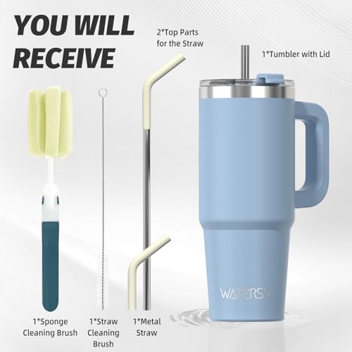 Image of 30 oz Tumbler with Handle,Tumbler with Lid and Straw,Double Wall Insulated Cup Stainless Steel Travel Mug(Cold for 34 Hours),Water Bottle for Iced Tea,Coffee,Cold Beverages(Smog Blue)
