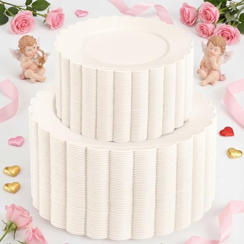 supernal 100pcs Ivory Plastic Plates Fancy Disposable Scalloped Plates for Party Heavy Duty for Party,Wedding,Brthdays Bridal Shower Plate Include 50 Plastic Dinner & Dessert Plate