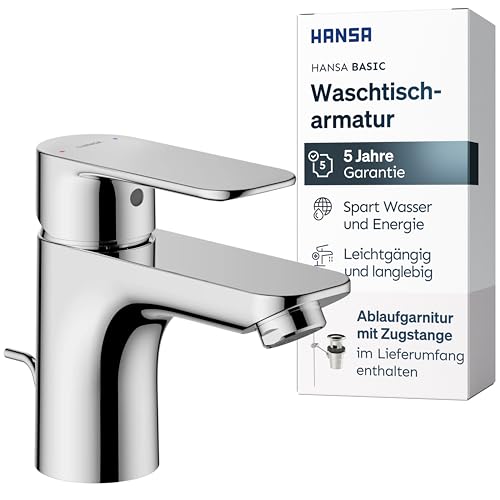 HANSA BASIC Waschtischarmatur I Wasserhahn Badezimmer mit Temperatur & Wassermengenbegrenzer | Mischbatterie Bad aus Messing | Inkl. Ablaufgarnitur mit Zugstange | Einhebelmischer Waschbecken | Chrom