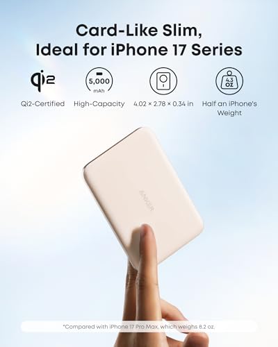 Anker Nano Batterie Externe certifiée Qi2 15W magnétique Ultra-Fine 5000 mAh, Rapide, Ergonomique et Compatible MagSafe, Uniquement pour iPhone 16 Pro Max/15/14/13/12