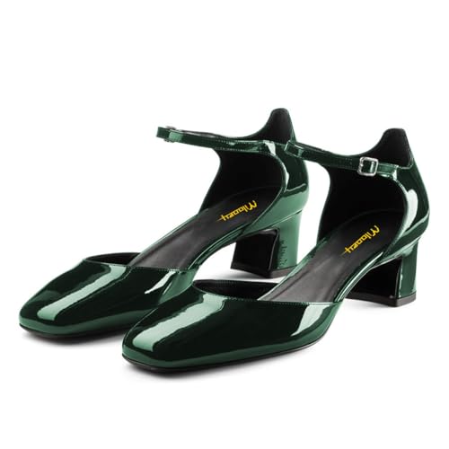 Milooey shoes Women's Square Toe Pumps Low Chunky Block Heels D'Orsay Ankle Strap with Buckle Wedding Dressy Party Pumps Size 4-16 US