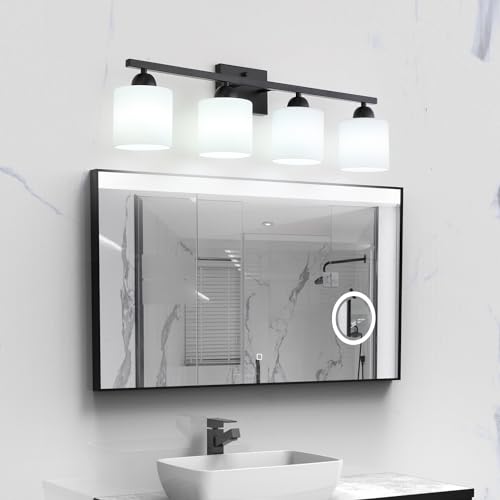 Image of Mecgirn Milk Glass Vanity Lights for Bathroom, 4 Light Matte Black Bathroom Light Fixtures Over Mirror, Ceramic E26 Sockets Wall Mounted