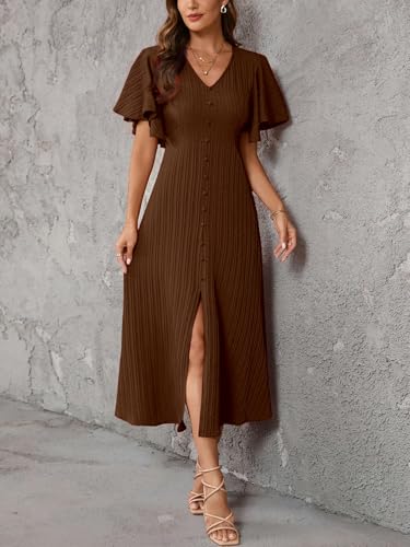Image of Shasmi Girl's & Women's Pleated Midi Dress with Flutter Sleeves | V-Neck Western Dress for Women | Elegant A-Line Summer Outfit | Office & Casual Wear (Dress 244)