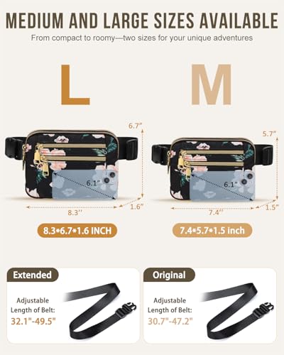 Image of Capolo Fanny Packs for Women 4 Zip Pocket Crossbody Belt Bag Waist Bags | Waterproof,Fashion Waist Pack,Crossbody Bags for Women,with Adjustable Strap,for Workout,Running,Traveling(Black Flower,L)