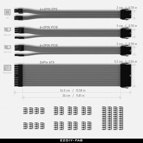 Cavo di Estensione PSU con Manicotto Cavo di Alimentazione PC mod Personalizzato,Nylon Morbido Intrecciato con Kit Pettine 24PIN/8PIN a 6+2PIN/ 8PIN a 4+4PIN-300MM-Carbonio - Alimentatore - Immagine 2