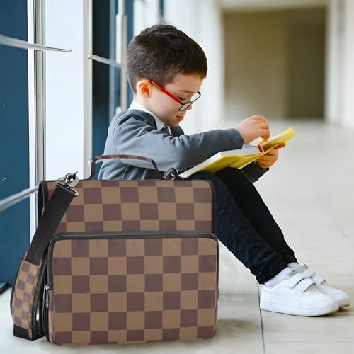 Image of 3 Ring Zipper Binder with Shoulder Strap Brown Checkerboard B 1.5 inch Binders Keeper Large Capacity Multi Pockets for School Office Supplies