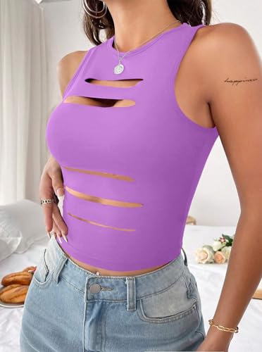 Image of LovelyWholesale Women Sexy Cut Out Crop Tank Tops Crew Neck Summer Sleeveless Top