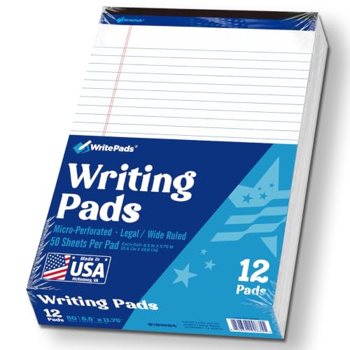 WritePads Legal note pads 8.5"x11" Legal Pads,Wide Ruled,White Paper,12 Pack,50 Sheets Per Writing Pad,Micro perforated Writing Pad,BL-MWT50W-12PAD