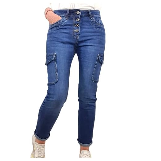 Karostar Pantalones vaqueros cargo para mujer, elásticos, de pierna recta, botones de joyería, Denim Oscuro, L