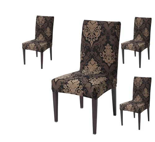 Image of Chair Cover Set of 4 for Dining Table, Stretchable Removable Washable Anti-Slip Universal Fit Printed Polyester Spandex Slipcovers (Brown Mint)