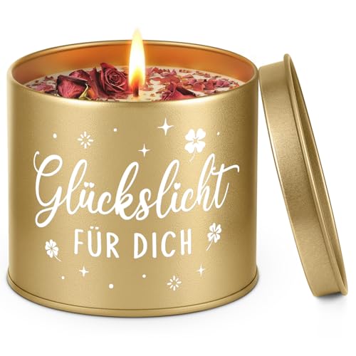 GoMelley Geschenke für Frauen Glückslicht Kerze in einer Metalldose mit Rosenblättern Geburtstagsgeschenk für Frauen Geschenke für Mama Freundin Schwester zum Geburtstag Valentinstag (266ml)
