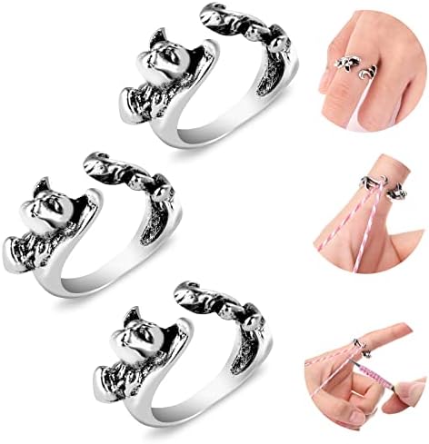 Yolev 3 Pieces Adjustable Knitting Loop Rings Woven Rings Open Finger Holder Crochet Knitting Loop Accessories Cute Cat Shape Yarn Guide Holder for Hand Weaving Hook Line Supplies