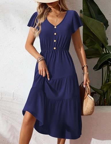 Image of Zeagoo Women's Summer Casual Dress Flutter Short Sleeve V Neck Button Down Tiered Flowy Long Dress with Pockets