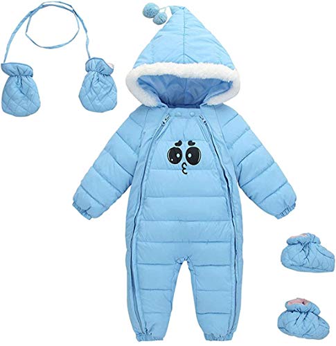 Premewish Baby Schneeanzug mit Handschuhen und Füßen Baby Strampler Overall mit Kapuze Romper Warm Skianzug Winter Babybekleidung Outfit Mädchen Jungen (Blau, 12-24 Monate) Cover