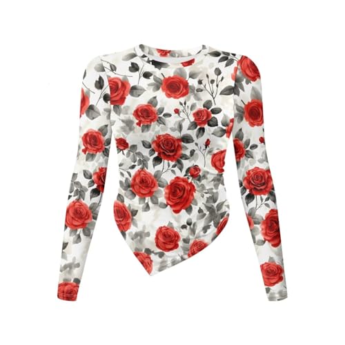 Gzzxiailg Red Rose Tshirts for Womens Breathable Basic Tees Long Sleeve Workout Shirts Going Out Tees Base Layer Thermal Tops Slim Fit Underwear for Valentine's Day Comfy Fall Top