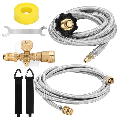 Yendse Propane Brass Tee 4 Port Adapter Kit with 5FT and 12FT Stainless Braided Hoses Extend a Stay Rv Propane Kit for Tank RV Camping Connecting Auxiliary Propane Bottles and Appliances