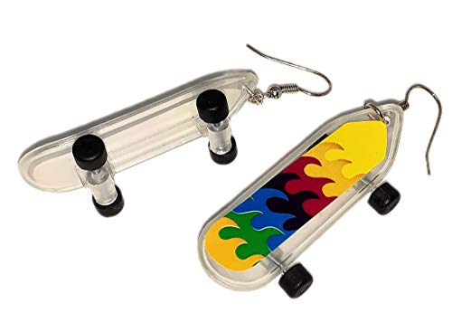 Novelty Skateboard Rainbow Waves Design Dangle Earrings Plastic Colorful