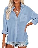 Womens Button Down Shirts with Pockets Long Sleeve Linen Feel Cotton Casual Blouses Loose Fit Summer Tops Sky Blue