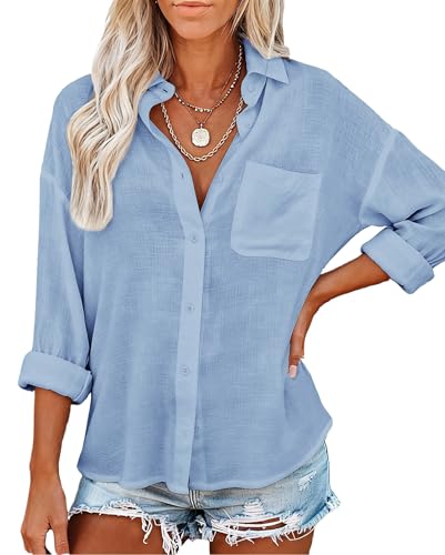 Womens Button Down Shirts with Pockets Long Sleeve Linen Feel