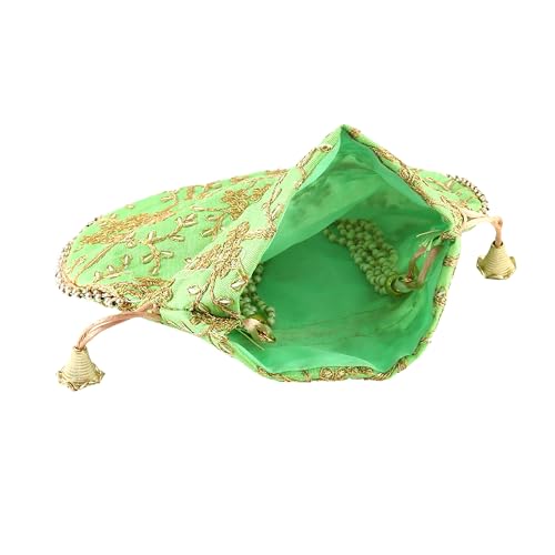 Image of Handcrafted Potli Purse with Golden Floral Embroidery and Pearl Accents