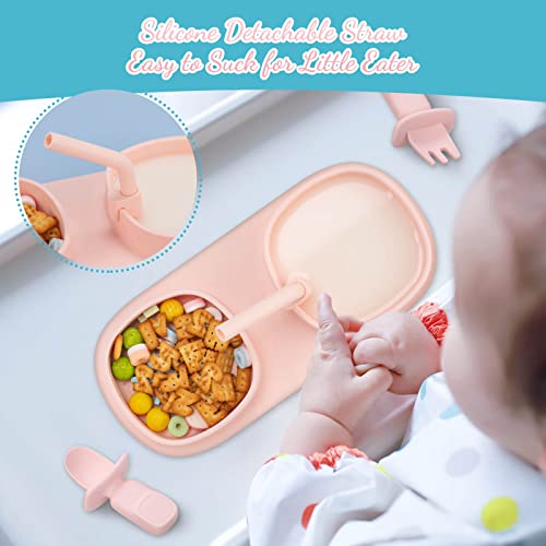 Silicone Toddler Baby Plates Dishes - Kids Portable Led Weaning Plate, Infant Non-Slip Divided Grip Dish Self Feeding Training Eating With Spoon Fork Straw Set For Camping Travel Outdoor Dinner (Pink) #TOP4