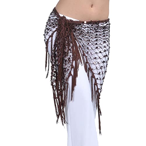 Whitewed Crochet Net Belly Dance Hip Shawl Scarf with Square Sequins & Fringe